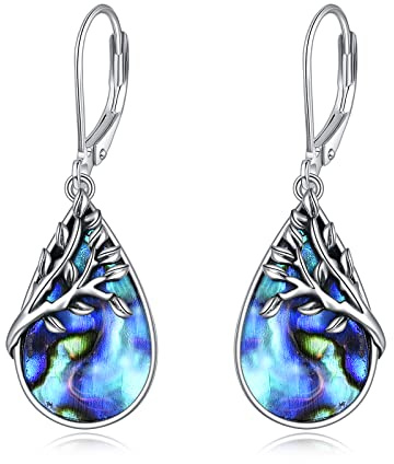 AXELUNA Livets träd-örhängen, sterlingsilver, droppform, abalonskal, dinglande, vikhängare, presenter till kvinnor och flickor, sterlingsilver, silver, Silver