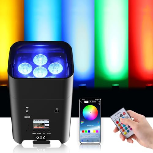 PUZILOZA 108W Akku LED Par Strahler APP (IOS- und Android), Hohe Helligkeit Wiederaufladbarer RGBWA+UV LED Bühnenlicht Uplight Outdoor mit Fernbedienung/DMX Disco licht für party DJ Hochzeit Bankett