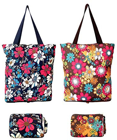 Kitchen Reusable Grocery Shopping Bags Foldable Tote Bag with Zipper Folding Floral Heavy Duty 2 Pack, Floral, M
