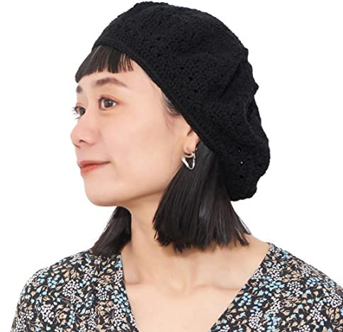 CHARM Baskenmütze Damen Beret Häkelmütze Barrett - Sommer Mütze Pantomime Französische Mütze Strickmütze Lochmuster Schwarz