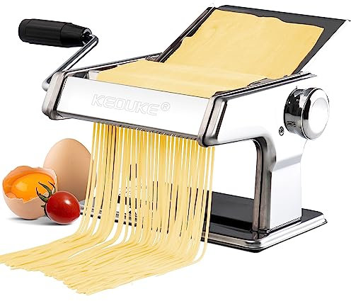 KEOUKE Máquina para hacer pasta 150, máquina manual de pasta con rodillo y cortador ajustable, 9 grosores y 2 anchos, máquina de fideos de manivela para espaguetis, fettuccini, lasaña