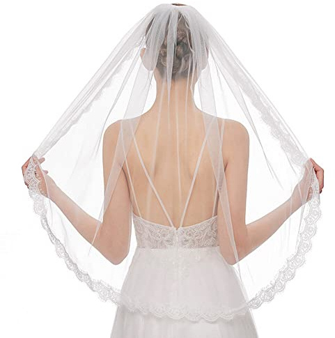 Brautschleier Kurzer Schleier, Elegent Bridal Tüll Braut Hochzeit Kurzer Schleier Ribbon Edge Brautschleier für JGA Junggesellinnenabschied Hochzeit Schleier Hen Party,Weiß Ivory