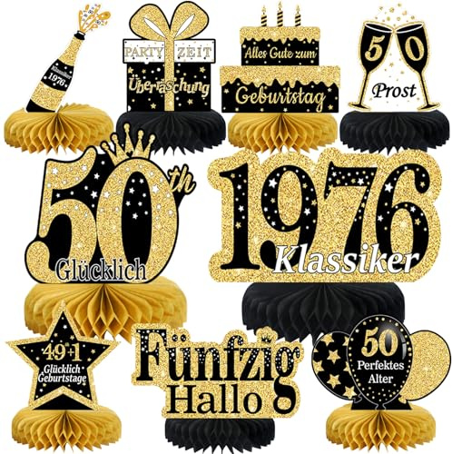 Voxisroma 50. Geburtstag Männer 9 STK Schwarze Goldene Bienenwabe Mittelstück Tischdeko Geburtstag,50 Deko,50 Party Deko Für Frauen,Mann,Geschenke （Deutsche）
