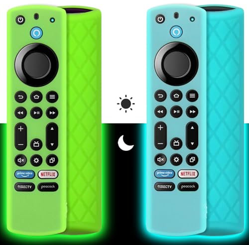 Pinowu Estuche Remoto de Silicona (2 Piezas) Compatible con Fire TV Stick 4K MAX (2º) / Toshiba/Insignia/Pioneer Alexa Voice Remote Enhanced con cordón(Verde, Turquesa, Brillan)