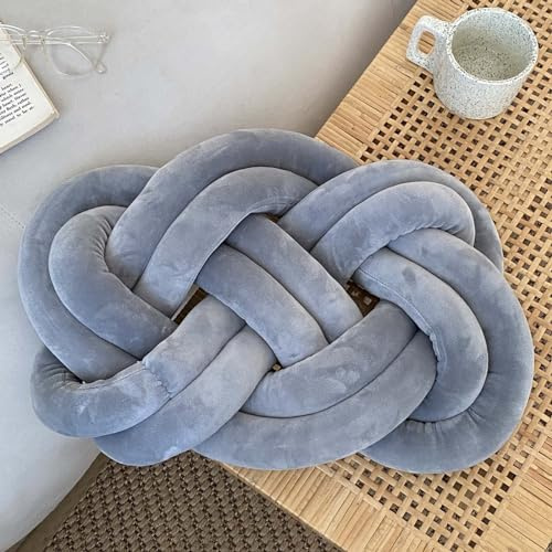 PTKG Plüsch Knotenkissen Knot Kissen Ball Knoten-Ball-Kissen Geknotetes Kissen Runde Kissen Samt Deko Sofa-Kissen für Schlafzimmer Wohnzimmer Dekor,Light Gray,45x35CM