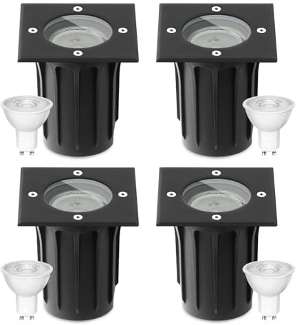 Goodia Bodenstrahler Außen Wasserdicht GU10 Schwenkbar 3W IP67 230V 3000K | Bodeneinbaustrahler Aussen Led Bodenleuchten Außen Mattierten Ersatzlinsen Bis zu 1000 kg Belastbar Schwarz 4Pcs