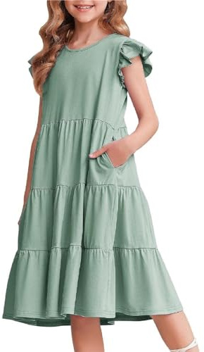 Arshiner Niñas Vestido de Verano con Mangas de Volantes Vestido Infantil de Algodón Vestido de Ocio con Escote Redondo Mangas Cortas Swing Vestidos de Fiesta para Niñas 13-14 Años