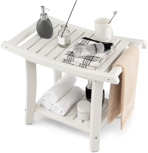 RELAX4LIFE Duschbank, Badezimmerbank mit Ablage Handtuchhalter, Badhocker mit Rutschfesten Füßen, Duschstuhl bis 150kg Belastbar, Duschsitz für Alte Schwangere, 60,5 x 34 x 48 cm, Weiß