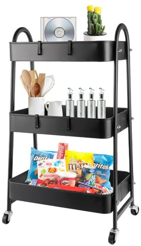 CYEER Rollwagen Metall, Rollwagen Küche mit 3 Ebenen, 42x30.5x85CM Servierwagen Schwarz, Küchenwagen mit Rollen, Aufbewahrungswagen für Malutensilien, Schlafzimmer, Waschküche