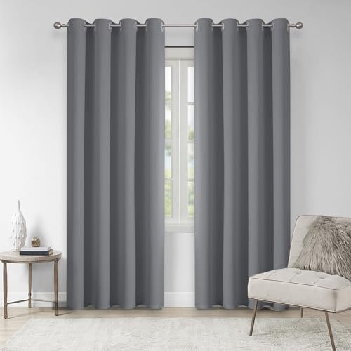 VEHEDE Grey Blackout Thermal Curtains 84 Inch Drop for Living Room, Soft Eyelet Window Drapes for Bedroom, Soundproof Curtains, Room Darkening Curatins, W46 x L84 Inch, Grey, 2 Panels