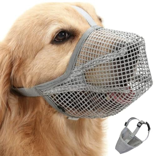 XFLYP Maulkorb für Große Hunde, Grau, Atmungsaktiver Mesh, Verstellbar, Zum Verhindern von Fressen, Kauen, Beißen, Anti-Bell-Lecken (L)