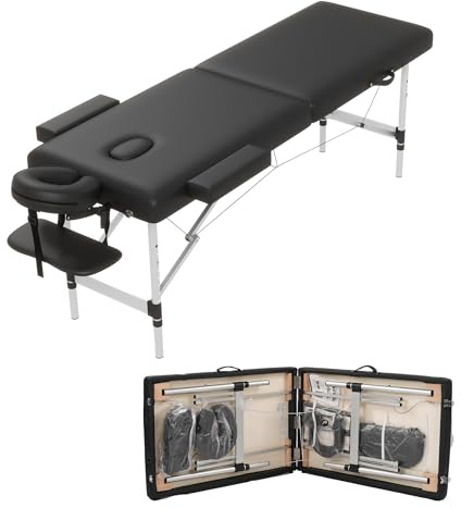 HENGJIANYI Massage Table Massage Bed, Portable 2 Section Foldable Tattoo Bed, Height Adjustable Lash Spa Bed with Face Cradle, Home Light Weight Facial Salon Bed with Aluminum Frame, Black