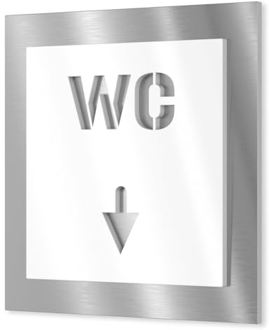 Urhome Toiletten Schild aus V2A Edelstahl 120x120-230x230mm Weiß WC Pfeil unten - Piktogramm Türschild rostfrei - Herren Damen Toilette Infoschild für Wand Tür Innen und Außen