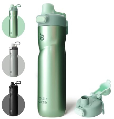 BOTTLE BOTTLE Isolierte Sport-Wasserflasche aus Edelstahl mit Klappdeckel, Griff und breiter Öffnung, ideal für Radfahren, Laufen, Reisen, Sport, Wandern, Grün, 680 ml