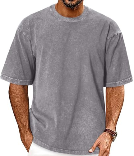 Oversized Mens T Shirt Summer Vintage Washed Tees Short Sleeve Loose Tops Grey