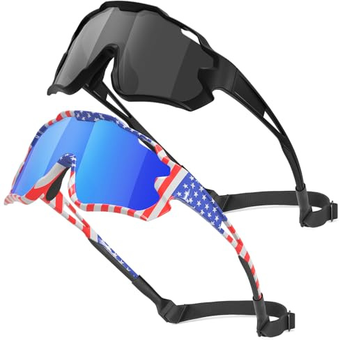 CMBJJU Kids Sunglasses,Youth Baseball Glasses for Boys Girls Age 6-14,Sports UV Protection Goggles (2PCS-Black Black+Blue Red-B01)