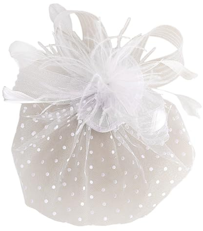 Vintage Fascinator Damen Fascinator Hut mit Schleier Feder Mesh StirnbandClip Braut Kopfschmuck Hochzeit Cocktail Haarreif Feder Mesh Kopfbedeckungs Hut Vintage Teeparty Haarschmuck (White, One Size)