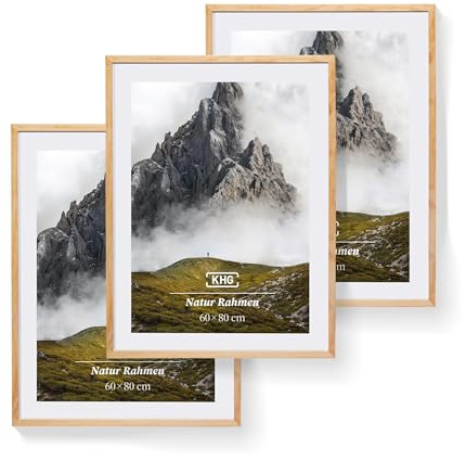 KHG Premium-Bilderrahmen 3er-Set 60x80 cm Natur, stabile Glasfront | hochwertiges Passepartout & MDF-Holzrahmen für Fotos, Poster, Zertifikate & Collagen, vielseitig einsetzbar, für Zuhause