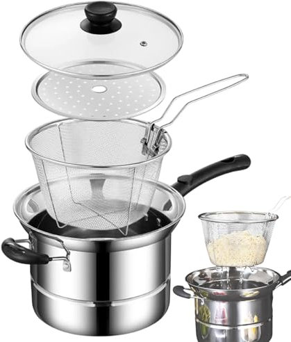 Pot de freidora profunda, freír con canasta,Olla de vapor de acero inoxidable con tapa para la cocina - Herramienta de cocina para papas fritas, mariscos, camarones, cebolla