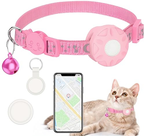 GRETMIX Cat Tracker Collar, Real-Time Tracking Device for Cats, Long Battery Life, Works with iOS & Android SmartTag App, with Reflective Pattern & Bell, No Monthly Fee, Pink