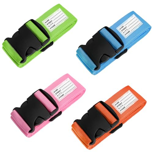 Kofferband koffergurte 4 stück kofferanhänger flugreise Gepäckgurt Koffer Gurt Kofferbänder Koffergurte Farbig Koffer Gurt (Grün, Blau, Orange, Pink) (koffergurt mit Adressschild)