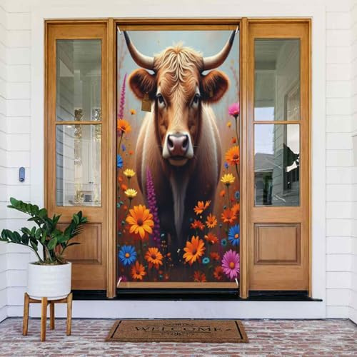 Decoraciones para puertas – Moderno estampado de toro moca n.º 69 para primavera y verano, pancarta para puerta delantera, cartel de otoño e invierno, telón de fondo colgante para interiores y