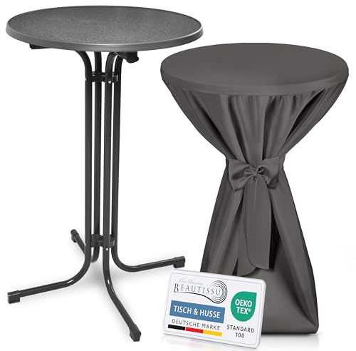 Beautissu Stehtisch klappbar mit Stehtischhusse & Schleifenband rund | 70cm Grau Anthrazit Wetterbeständig Outdoor Bistrotisch Kratzfest UV-beständig Husse rutschfest waschbar Grauer Bellini