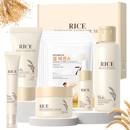 9 Piezas Rice Skincare Kit, Skincare Coreano Kit, Rice Cuidado Facial Mujer con Limpiador Facial, Mascarillas Coreanas, Rice Toner, Cremas Faciales Mujer, Contorno de Ojos, Serum Coreano