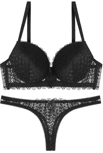 HZling Ensemble Femme Ensemble Soutien-Gorge Push Up Sexy pour Femmes,Couleur Unie,String,sous-vêtements en Dentelle,Culotte(Black,38B/85B)