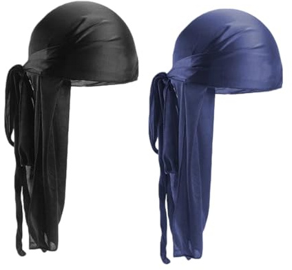 2 Piezas Durag Hombre de Seda Satinada Elástica, Bandana Pirata Unisex con Cola Larga y Tirantes Anchos, Accesorio Hip-Hop para Uso Diario Hombre Mujer
