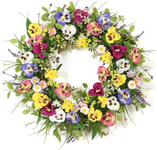 Pansy Wreath for Front Door - 20 Inch Spring Summer Wreath, Colorful Artificial Flower Easter Outdoor Decor for Wall & Porch