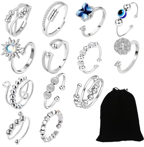 Eniyou 13 Pezzi Anello Antistress Donna (Argento), Fidget Ring, Misura Regolabile, Impilabili Anelli Antistress, Alleviare L'ansia E Lo Stress, Fornito Con Una Custodia In Velluto