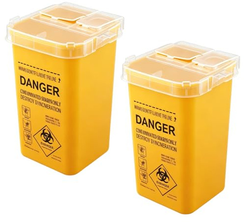 2 PCS 1L Sharps bin, Waste Disposal Box with Secure Snap Lock Lid | Highly Secure and Airtight, Easy to Identify Contents, Large Capacity,for Needles, Scalpel Blades and Glass Shards (Yellow)