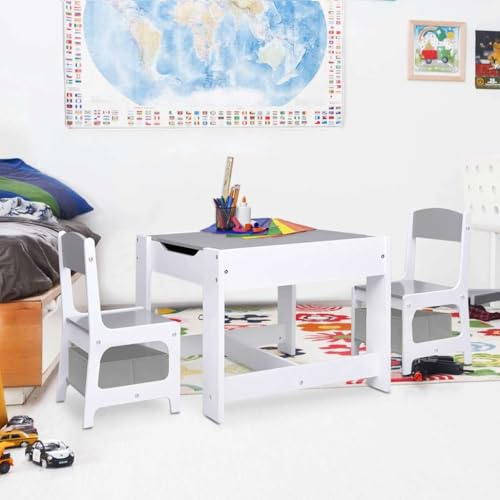LoogCape Barnbord med 2 stolar i vitt av MDF, barnrumsmöbler set med avtagbar dubbelsidig tavla, lekplats och förvaringsfack, lämpligt för småbarn och spädbarn