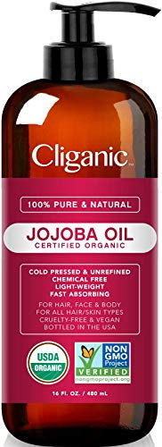 Certified Organic Jojoba Oil 473ml with Pump | 100% Pure Natural Cold Pressed Unrefined, Hexane Free Carrier Oil | for Hair Face & Nails | Cliganic 90 Days Warranty