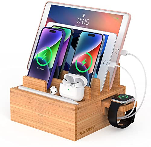 Pezin & Hulin Wooden Charging Docks, Docking Rack for Multi Devices, All In One Charging Station Organizer for Phones, Tablet, Smart Watch, Natural Bamboo