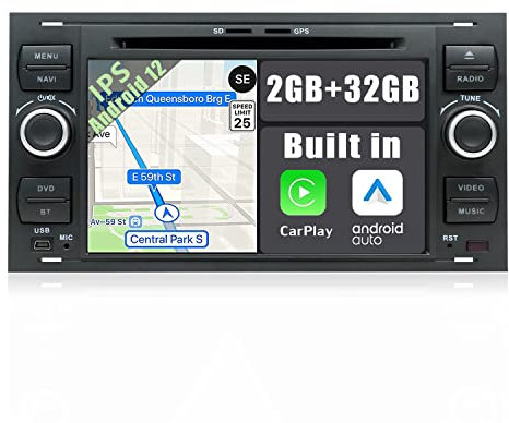 YUNTX Android 14 Autoradio für Fiesta/Mondeo/Transit/Focus/Kuga-2 Din-[Integriertes Wireless CarPlay/Android Auto/GPS]-IPS 2.5D Touch-Screen mit Kamera-DAB/Lenkradsteuerung/MirrorLink/Bluetooth 5.0
