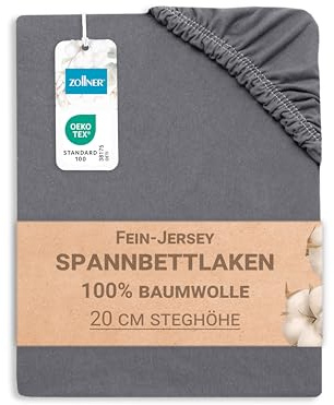 ZOLLNER Spannbettlaken in 180x200 cm - mit eingearbeitetem Gummibund - Baumwolle - in grau - waschbar bis 60°C - Hotelqualität - Oeko Tex® Zertifiziert