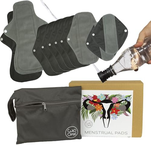 CuloClean 10er pack (2S+6M+2L) Waschbare Damenbinden mit Flügeln aus Bambusfaser. Wiederverwendbare Binden aus atmungsaktivem und wasserdichtem Stoff + Reisebeutel + Po Dusche