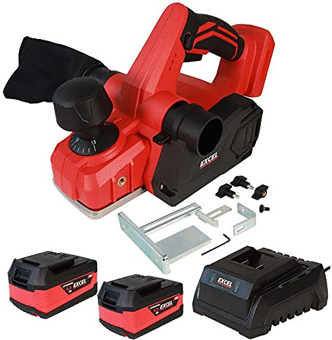 Excel 18V Cordless Planer 82mm EXL580B with 2 x 5.0Ah Batteries Charger - Variable Speed 16000/min - Compact and Ergonomic Design - Two Side Dust Removal System - Ideal for Planing Wood Surfaces