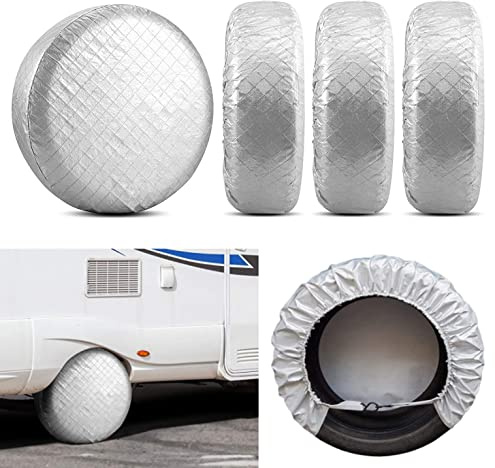 COOSOO Däckskydd, set med 4, aluminiumfilm, vattentät, dammtät RV reservhjulsskydd med krokar för släpvagn, husbil, SUV, husbil, jeep, UV regn snö däck hjulskydd (passar 30–32 tum däck)