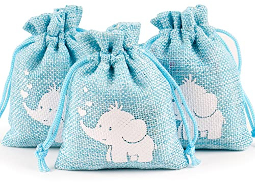24 Stk 8x10cm Jutesäckchen Blau Leinen Kordel Tasche mit Baby Elefant Muster Natur Säckchen Geschenksäckchen Tüten für kleine Geschenke Geschenkbeutel zum Taufe Geschlecht Offenbaren Party usw.