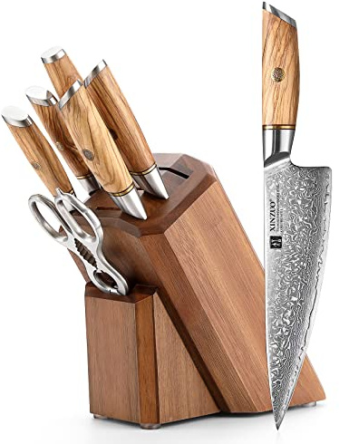 XINZUO 8-Teilig Messerblock Sets-73 Schichten Damastpulverstahl Profi Küche Kochmesser Set -Olivenholz Griff -mit Akazienholz Messerblock, Multifunktions Küchenschere und Diamant Wetzstahl