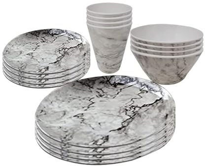 WedDecor Juego de vajilla de melamina para 4 personas para interiores y exteriores, barbacoa, picnic o camping, juego de vajilla de melamina duradera y ligera, cuenco y tazas (juego de 16 piezas)