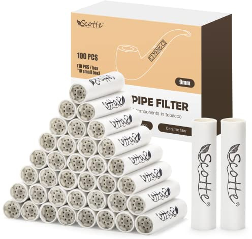 Scotte Filtri per pipa da 9 mm a carbone attivo per tabacco con doppio tappo in ceramica, 100 pezzi, per fumare la pipa