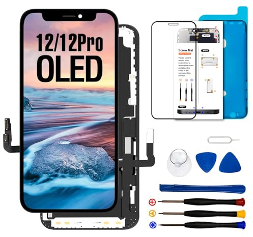 Dinow écran pour iPhone 12-iPhone 12 Pro OLED (Noir) 6,1 écran Tactile de Remplacement, écran iPhone 12/12 Pro Digitizer Frame Assembly avec Full-HD 3D Touch + Tool Kit- 12/12Pro Universal