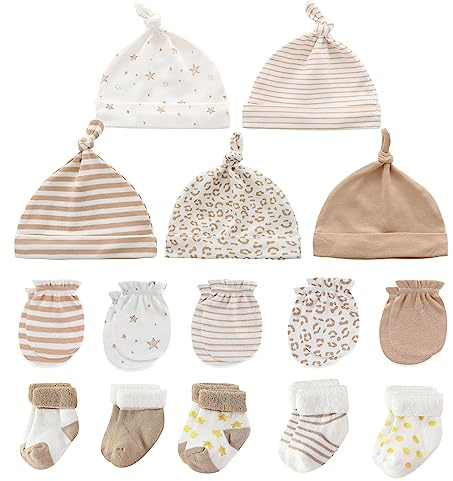 MAMIMAKA Gorras y calcetines gruesos y cálidos de algodón para recién nacidos, accesorios esenciales para bebés, sombreros, guantes y calcetines, 0-6 meses, Juego de 8, 0-6 Months