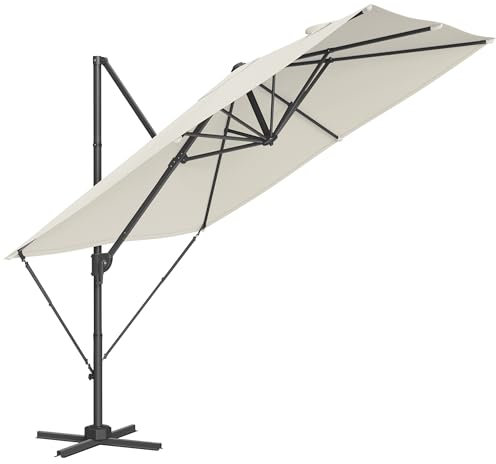 SONGMICS Sonnenschirm, Ampelschirm, 270 x 270 cm, UV-Schutz UPF 50+, Gartenschirm, um 360° drehbar, Neigungswinkel verstellbar, mit Kurbel, Kreuzfuß, cremeweiß GPU057Y01