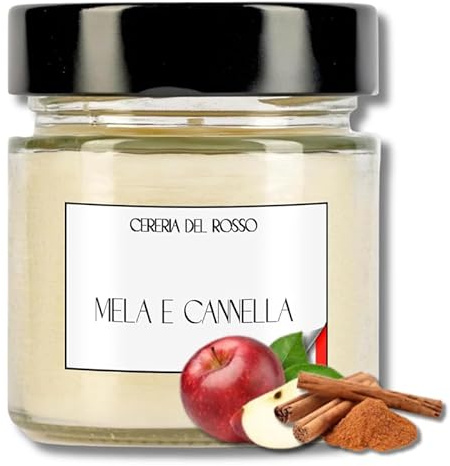 CERERIA DEL ROSSO Candela Profumata Cera di Soia 100% Naturale Aromaterapia Profumo Intenso Fino a 40 ore Idea Regalo Occasione Made in Italy Varie Fragranze (Mela e Cannella)