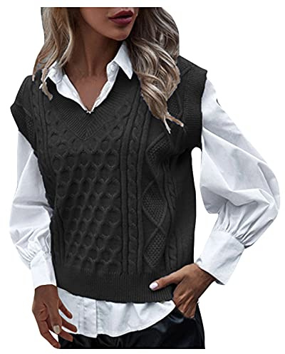 Generisch Pullunder Damen Schwarz, Knopf Baumwolle Ärmellos Strickpullunder Pullover Vintage Braune Warm Strickweste Pullover Vest Strickpullover V Ausschnitt Winter Sweater Vest Pullunder